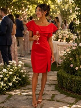 Bardot Red Off-Shoulder Ruffle Midi Dress